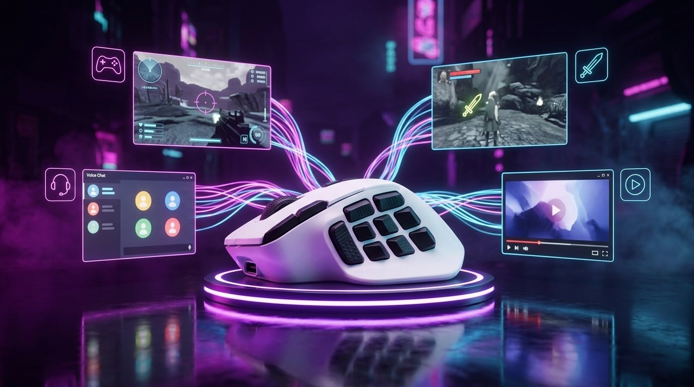 マウスを中心に、ゲームやボイスチャットの画面へ光の線がつながるイメージ