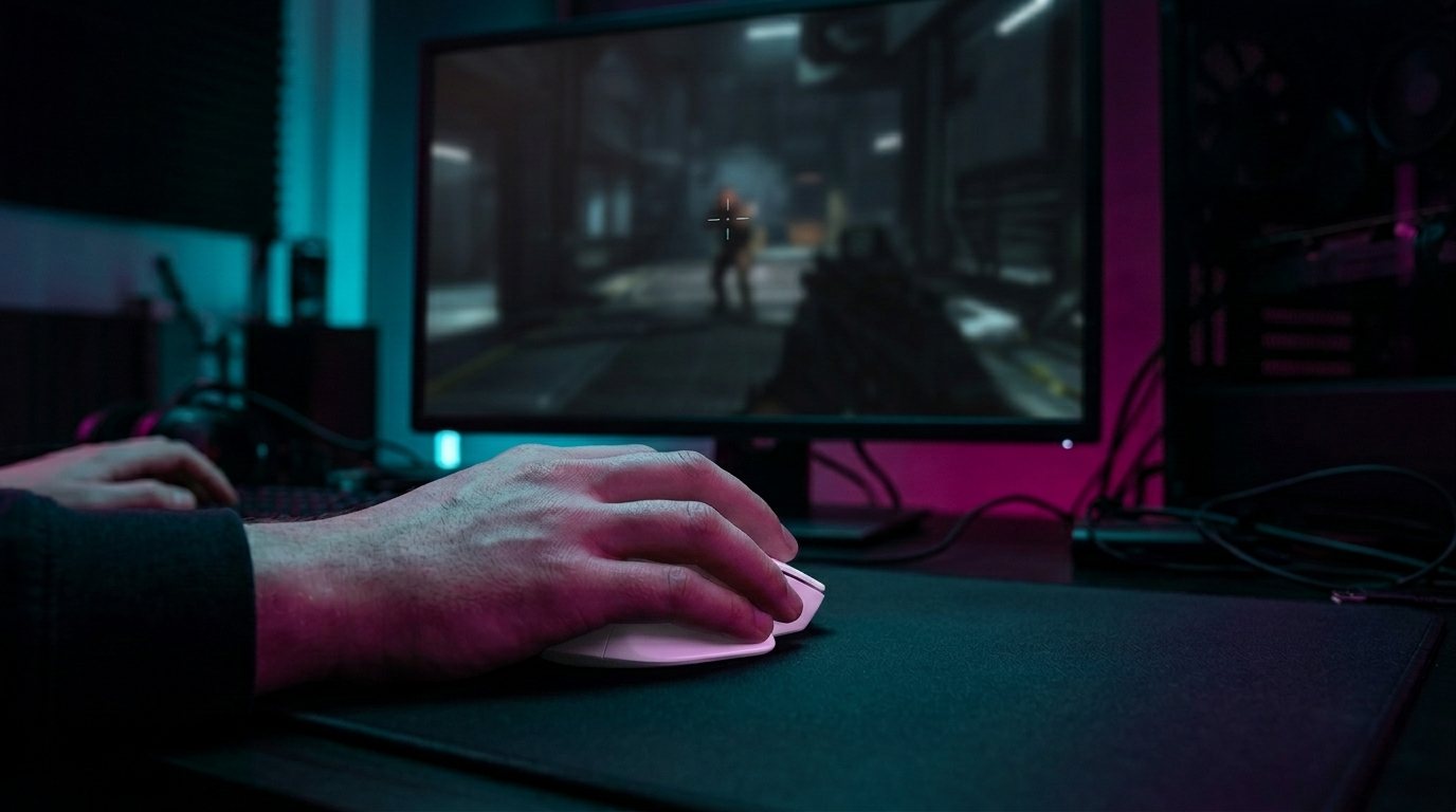 ゲーム画面で狙いを定めながらマウスを操作する手元